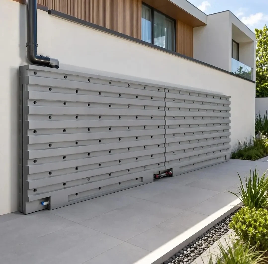 Tanques Rainwater Wall cerrados e instalados junto a la pared de una vivienda