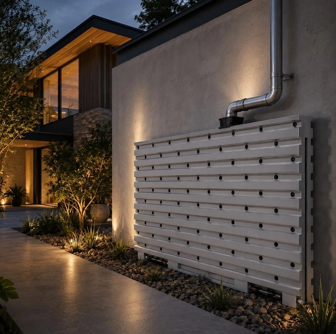Render nocturno de Rainwater Wall con conexión a la bajada de lluvia en un patio residencial